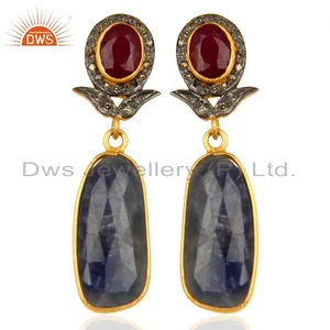 Blue Sapphire Natural Ruby Gemstone Earring Gold Plated 925 Silver Earrings Pave Diamond Jewelry Supplier