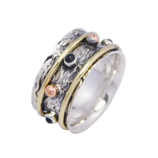 Three Tone Hammer Ring Jewelry Exporter 925 Sterling Silver Jewelry Spinner Rings Engagement Gift