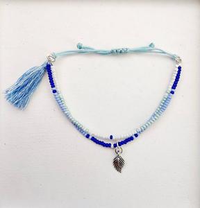 Trendy Boho summer seed <b>bead</b> <b>bracelet</b> with tassel and leaf charm, blue - Product Image 1