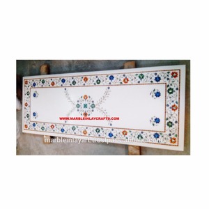 Mesa de comedor con incrustaciones de mármol blanco, forma Rectangular - Product Image 1