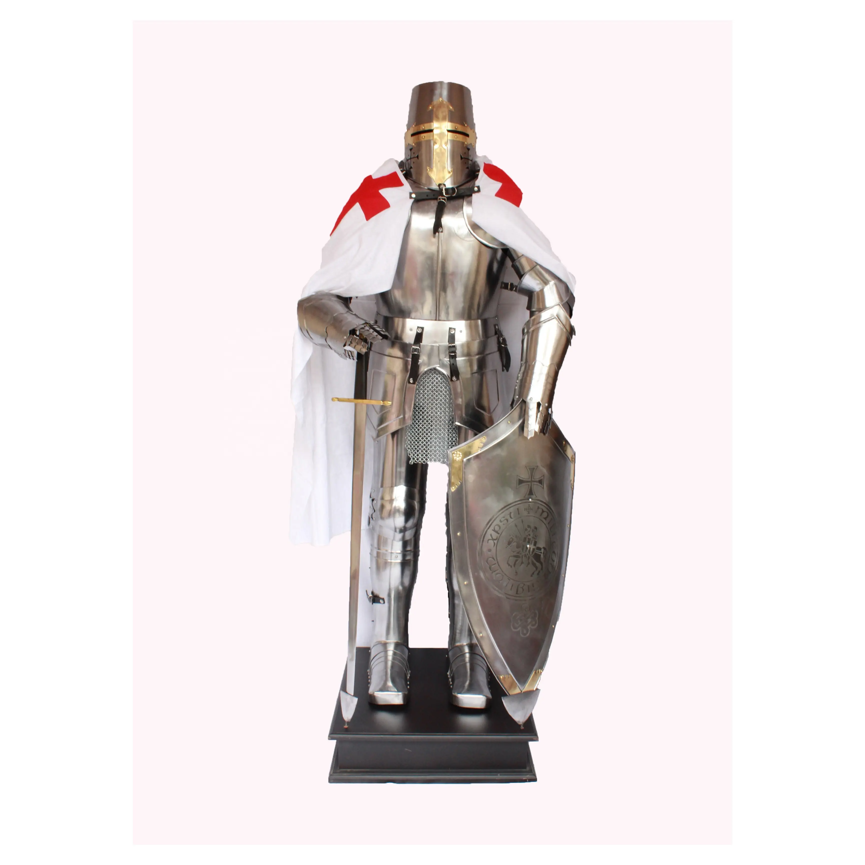 Medieval Metal Steel Ancient Armour Suit Sword and Shield with Wooden Base Steel Frame