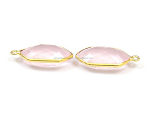Quartz rose pierre précieuse 10x18mm 925 lunette simple caution à facettes forme hexagonale plaqué or à la main Boho connecteur fabrication de bijoux - Product Image 4