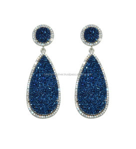 Titanium <b>Blue</b> Druzy Sterling <b>Silver</b> Cz Set Double Stone <b>Earrings</b> - Product Image 1