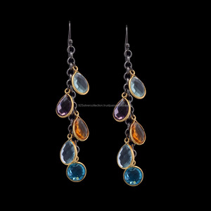 Pendientes colgantes chapados en oro de amatista y citrino de corte a cuadros únicos para mujer hechos de latón para fiesta o regalo - Product Image 1