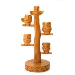 Wood Carving Carved Undercut Owl on Tree Branch for Home Decoration Wooden Owl Statue Figurine Set on Tree Branch