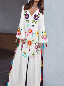 Vestido Largo Vintage con Abertura Frontal y Bordado Floral Fluorescente, Envío Directo, Vestido Largo con Mangas Largas y Borlas para Mujer - Product Image 4