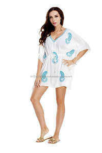 Prix usine en gros élégant Paisley brodé taille Empire frange ourlet femmes Sexy plage couvrir caftan été robe courte - Product Image 3