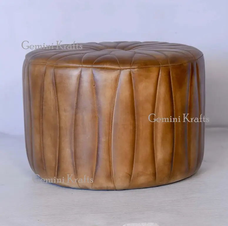 Moroccan Style Leather Pouf, Leather Ottoman