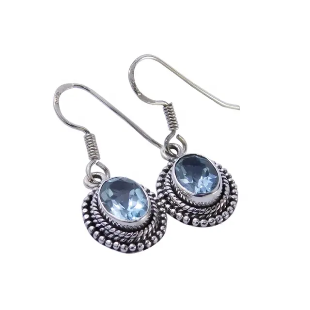 Handgemachter Hersteller Indien Sterling Silber Blau Topas Edelstein Ohrring für Geschenk für Frau