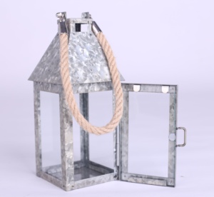 Metal <b>Lantern</b>, Rope Handle (Galvanized, Sitting, Hanging, Use with Candle) - Product Image 2