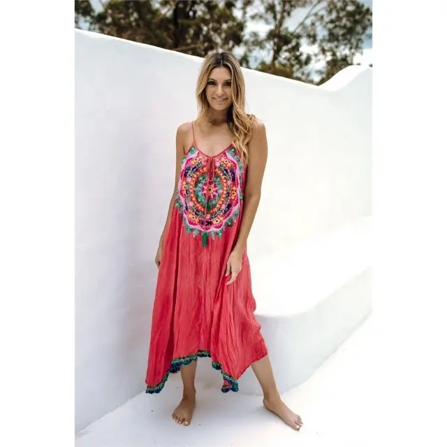 Latest Dress Designs Bohemian Mexican Floral Embroidered Front Tassels Spaghetti Strap Botanica Maxi Dress