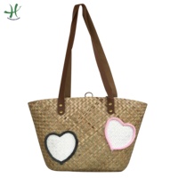 Tas Tote Anyaman Seagrass Bohemian Cantik Buatan Tangan untuk Wanita, Warna Natural, Tas Belanja Harian dengan Pompom