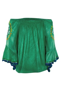 Chemisier Bohème Tissé Brodé à Imprimé Floral Vert, Manches Lanterne Digitales, Coupe Ample, Haut d'Été Décontracté pour Femme - Product Image 3