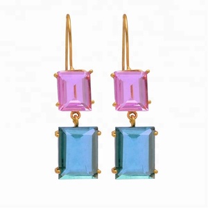 Boucles d'oreilles pendantes en argent sterling avec quartz rose et bleu de forme carrée, bijoux faits à la main, tendance, pour mariage et fête, CASA DE PLATA - Product Image 1