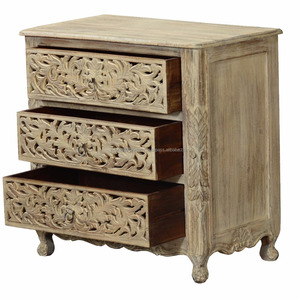 Commode en bois à trois tiroirs artisanaux, armoire de rangement en bois manga, panneau sculpté, rustique, meuble de salon - Product Image 3