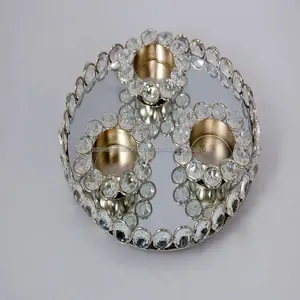 Glass <b>Crystal</b> Tray Votive <b>Candle</b> Holder Handmade Fancy Round Shape <b>Crystal</b> Beaded Metal Tray - Product Image 1