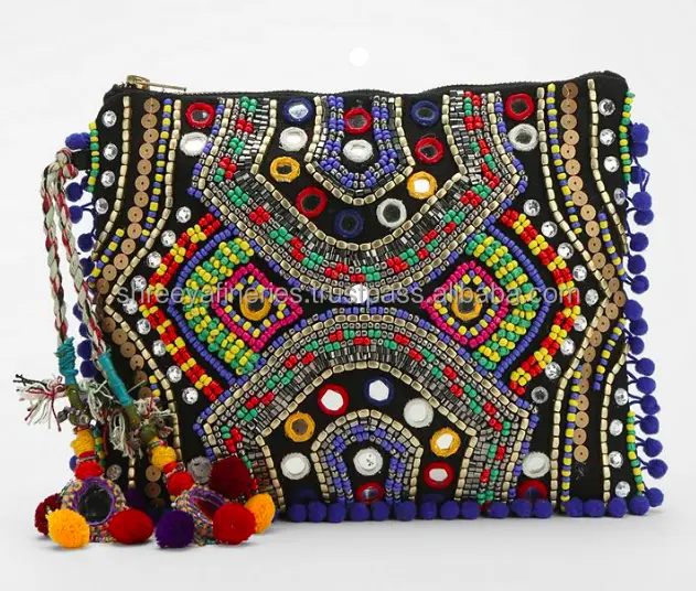 Bolsa de pom pom bordada à mão, bolsa com zíper boho