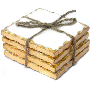 Posavasos de mármol blanco ecológico natural antiguo tradicional indio con incrustaciones de lámina de oro bordes astillados martillados - Product Image 1