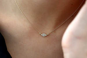 CZ Diamond Pave Bezel Eye <b>Silver</b> <b>Necklace</b> with Gold Plated Strand <b>Chain</b> for Wedding or Gift - Product Image 5
