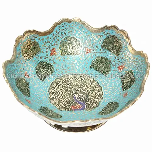 Brass Had-crafted Minakari Peacock Theme Bowl Moradabadi brass embossed colorful bowl for kitchen and dinner