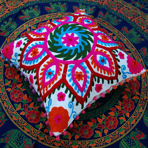 Indian Flowers Embroidered Solid Cushion <b>Covers</b> Designer Indigo Square Shape <b>Sofa</b> Decorative Pillow Cases <b>for</b> Living Outdoor - Product Image 1