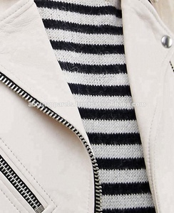 Blouson de moto en cuir d'agneau véritable à rayures tricotées, taille plus, bleu marine, lavage italien, ciré - Product Image 4