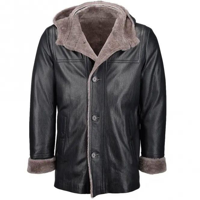 Men's Top Selling Full Grain Lambskin Leather And Sheepskin Lined Jacket Blue With Detachable Sheepskin Lined Hood