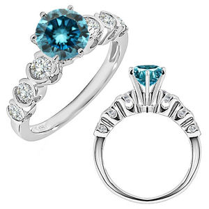 Bague de luxe en or blanc 14 carats avec diamant bleu |   Bague élégante en diamant bleu taille ronde pour femme, bijoux fins, cadeau d'anniversaire - Product Image 2