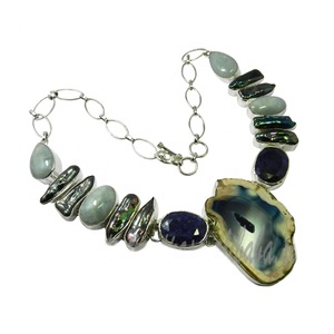 Collier personnalisé en agate en argent sterling 925 avec chaîne en perles et diamants Nouveau produit exporté par fournisseur - Product Image 1