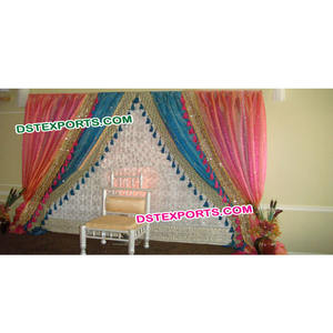 Fondo de boda decoración satén colorido hecho a mano bordado último diseño azul Rosa Lehriya cordón telón de fondo Material satinado - Product Image 1