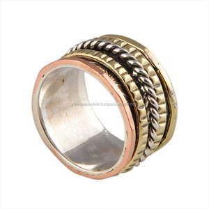 Wholesale 925 Sterling Silver Classic Three Tone Amethyst Gemstone <b>Spinner</b> <b>Ring</b> Mixed Metal Brass Copper Rope Pattern Wide Party - Product Image 2