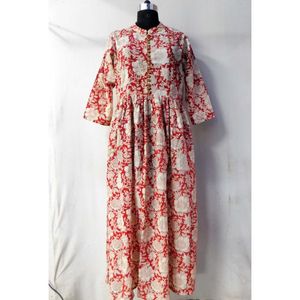 Robe longue pour femme grande taille, imprimée à la main, vêtements de plage, robe de soirée, fente devant, bouton de fermeture, 100% coton, couture artisanale - Product Image 1