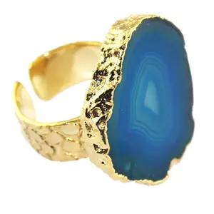 Natural Geode Agate Slice Ring Brass Metal Wide Band Textured Designer Rock Slice Geo Ring For Mens Big & Polished Crystal