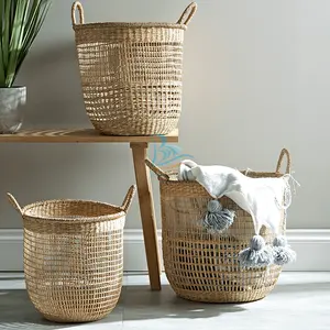 Panier de rangement rond en jonc de mer, ensemble de 3, panier de couleur naturelle, tissé à la main - Product Image 1