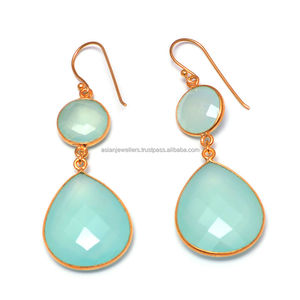 Pendientes de gota de piedras preciosas de Calcedonia Aqua de Plata de Ley 925 chapado en oro Vermeil estilo clásico para fiesta de boda gran idea de regalo - Product Image 1