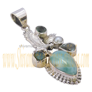 Pendentif en argent sterling 925 fait à la main Larimar perle grenat multi pierres précieuses Pendentifs et breloques de bijouterie fine - Product Image 2