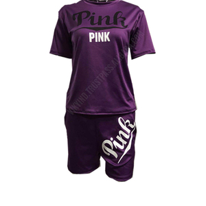 Ensemble deux pièces pour femmes, T-shirt manches courtes et Short, tissu jersey de coton rose imprimé grandes tailles, 2020 - Product Image 3