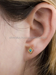 Boucles d'oreilles de mariage en or jaune 14K véritable turquoise avec pierres précieuses Bijoux fins - Product Image 2