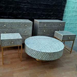 Mesa de centro con incrustaciones de hueso redondo, muebles con incrustaciones de hueso - Product Image 6
