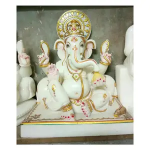 Beautiful White Marble Lord Ganesha Sitting Statue Handmade White Marble Gajanan God Statue