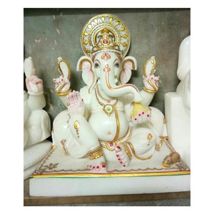 Statue assis de seigneur Ganesha en marbre blanc, magnifique et en marbre, Statue de dieu, fait à la main - Product Image 1