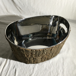 High Quality Polished Stainless Steel and Bark Wood Eco-Friendly Minimalist <b>Ice</b> <b>Bucket</b> Bowl Carton Packed Kitchenware - Product Image 2