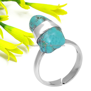 Anillo de Plata de Ley 925 con piedras preciosas turquesas en bruto, anillo de moda Chapado en plata clásico para aniversario de boda para Unisex - Product Image 1