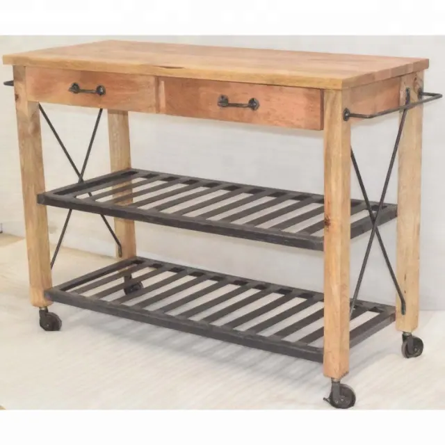 Retro Industrial Cast Iron Wheel Mango Wood Drawers Iron Shelves Moving Kitchen Serving Food Trolley European French