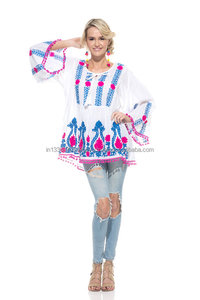 Recién llegado blusa bordada Aari Floral mexicana Top mujer hombro frío largo Pom Hem encaje Sexy último diseño de moda - Product Image 3