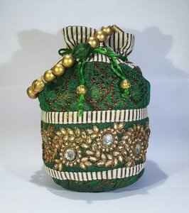 Women Potli Bag Green Stone Moti Work - Product Image 1