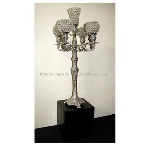 Silver Candelabra 5 Arms With Crystal Globe Attachment Crystal Globe Emboss Candelabra Indian Supplier High Quality