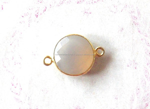 Belle Calcédoine Grise Forme Ronde Noir Rhodium Lunette Bijoux Double Bail Plaqué Or Facettes Vintage Connecteur - Product Image 2