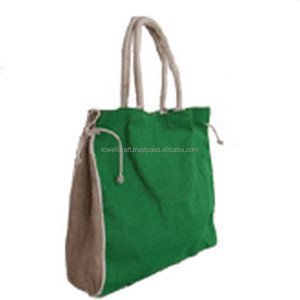 Lowell Craft Green Solid <b>Canvas</b> Tote <b>Bag</b> with <b>Drawstring</b> Closure Cotton Lining Embroidery 7 Inch Size for Casual Daily Use - Product Image 1