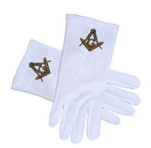 Masonic Regalia-Guantes de algodón con cara de brújula de estilo dorado estándar-Blanco (talla única). Ropa masónica y formal - Product Image 1